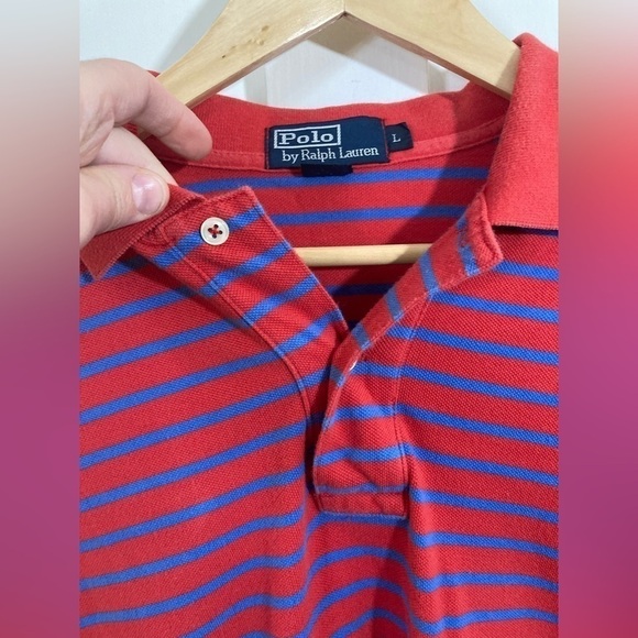 Polo by Ralph Lauren 100% Cotton Large red blue striped polo shirt short sleeve - Picture 4 of 6